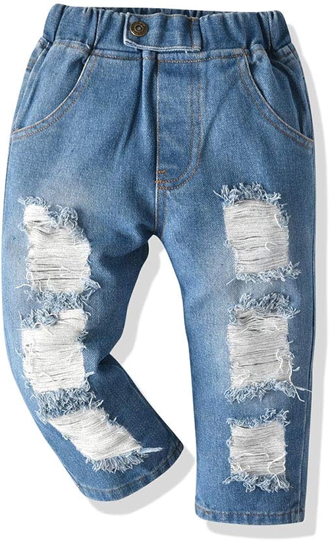 jmoory 女婴男孩牛仔裤幼儿弹性腰破洞牛仔裤